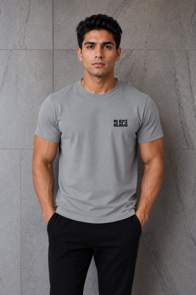 Malencio Stacked Text Logo Crew-Neck T-Shirt — Grey